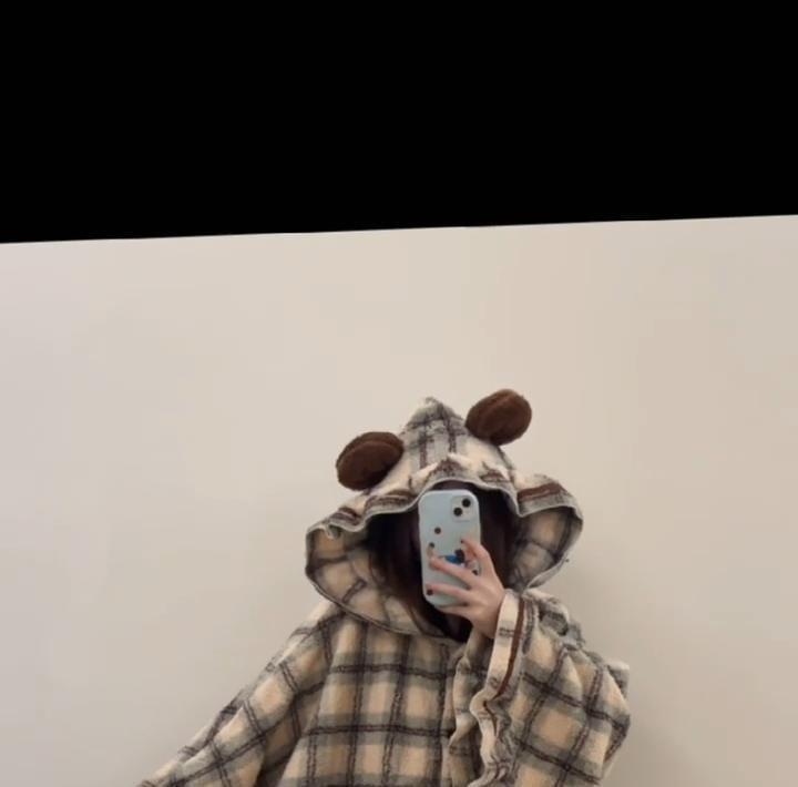 Plaid Bear Ear Hooded Button Robe Product Image