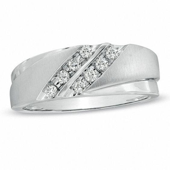 Men's 1/5 CT. T.w. Diamond Grooved Wedding Band in 10K White Gold Product Image