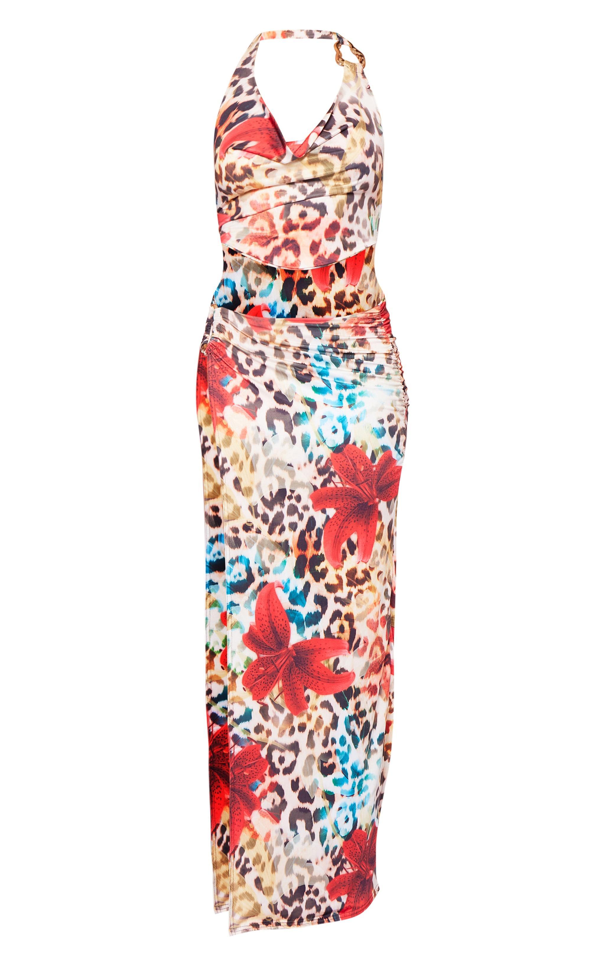 Multi Leopard Floral Print Slinky Cowl Neck Trim Detail Maxi Dress Product Image