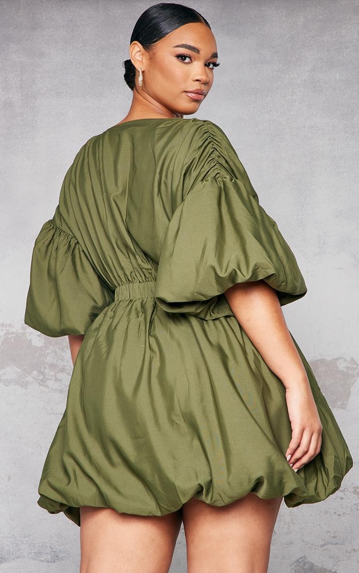 Plus Khaki Puff Sleeve Puffball Hem Dress Product Image