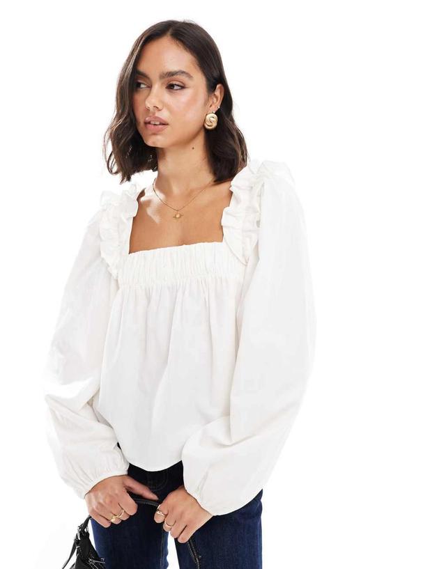 ASOS DESIGN poplin frill shoulder trapeze blouse in white Product Image