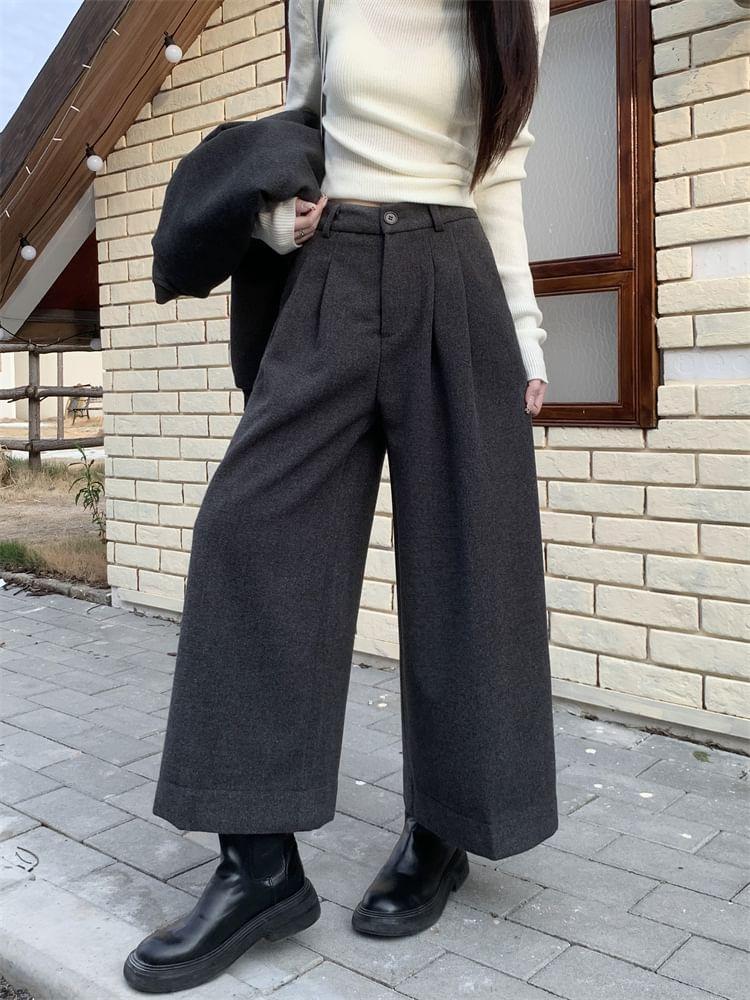 Mid Waist Plain Cropped Wide Leg Pants Product Image