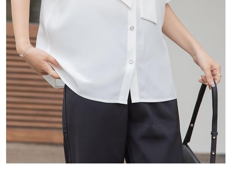 Short-Sleeve Tie Neck Plain Blouse Product Image