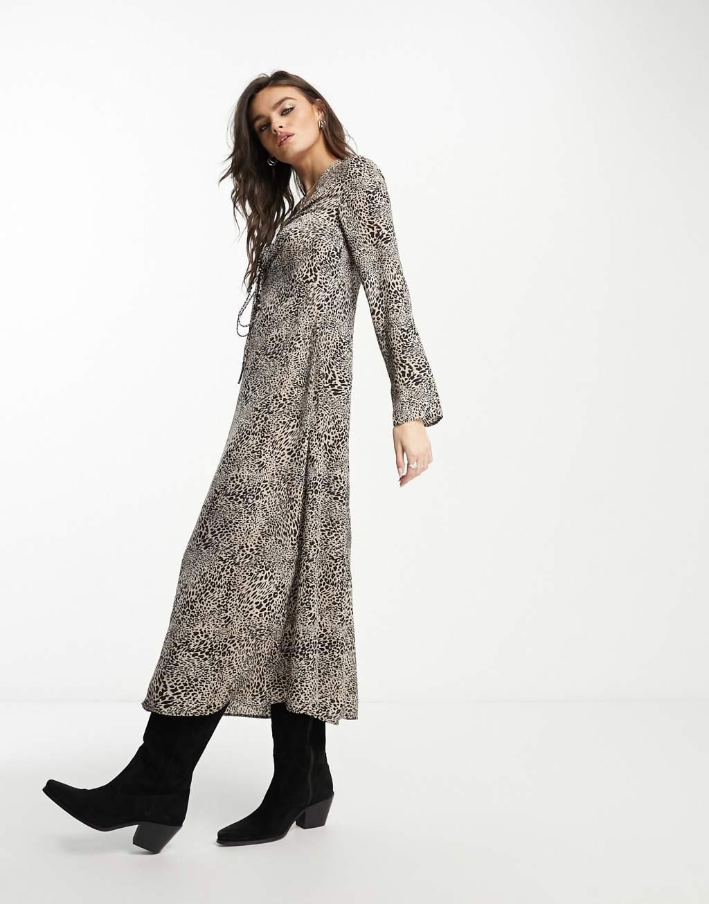 Mango long sleeve strap detail keyhole neckline midi dress in brown animal print Product Image