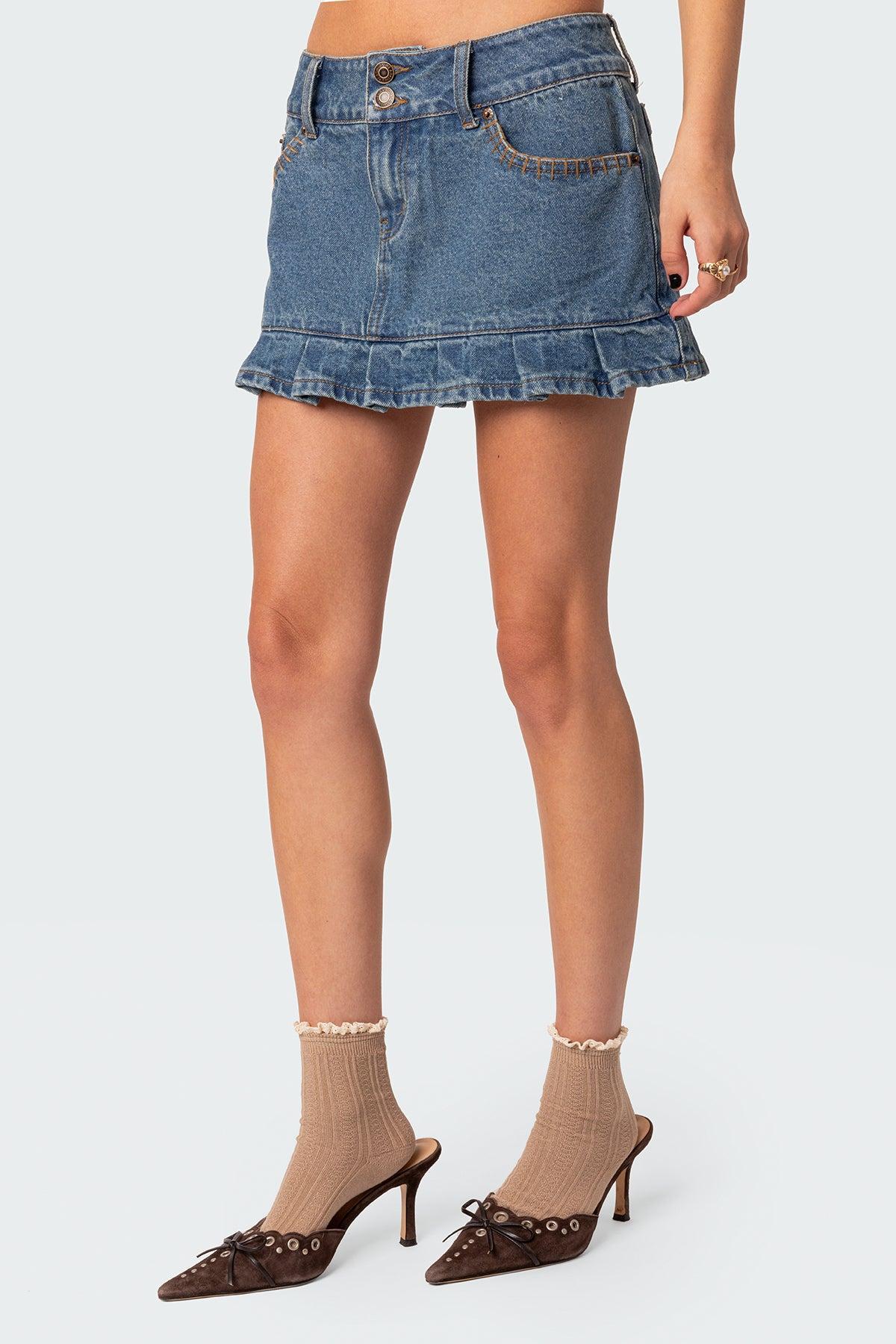 Pleated Hem Washed Denim Mini Skirt Product Image