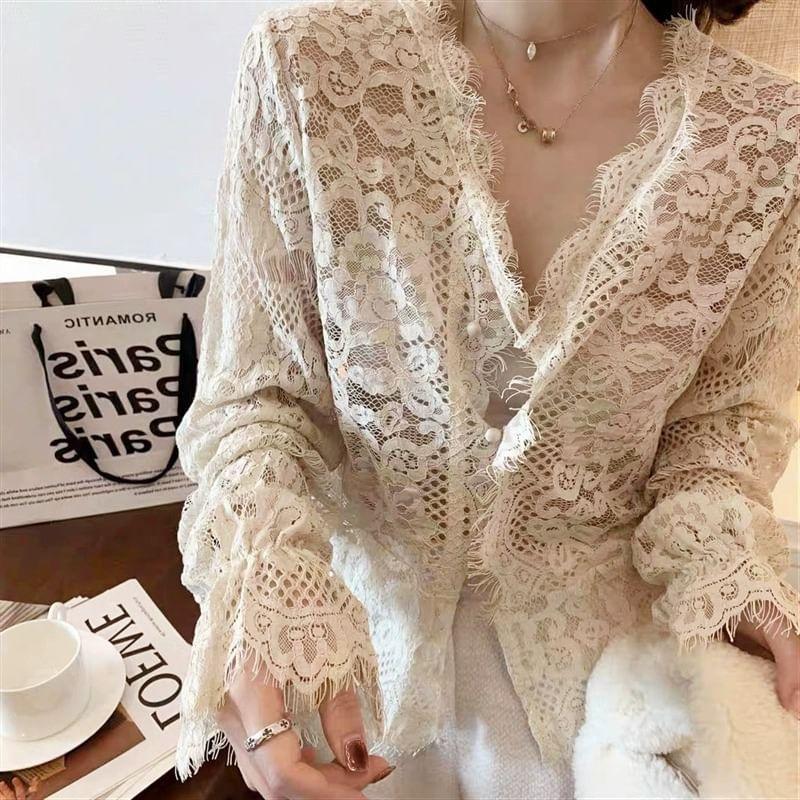 Long-Sleeve V-Neck Lace Blouse Product Image