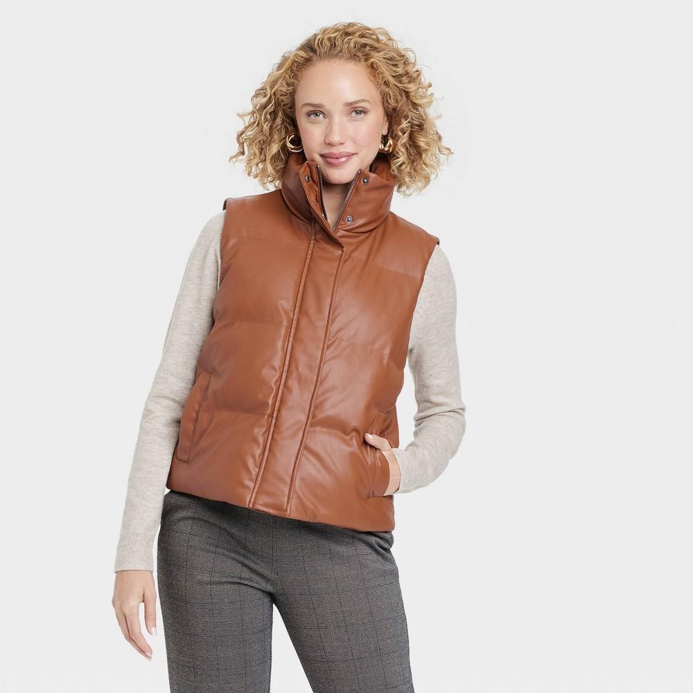 Womens Faux Leather Puffer Vest - A New Day Tan M Product Image