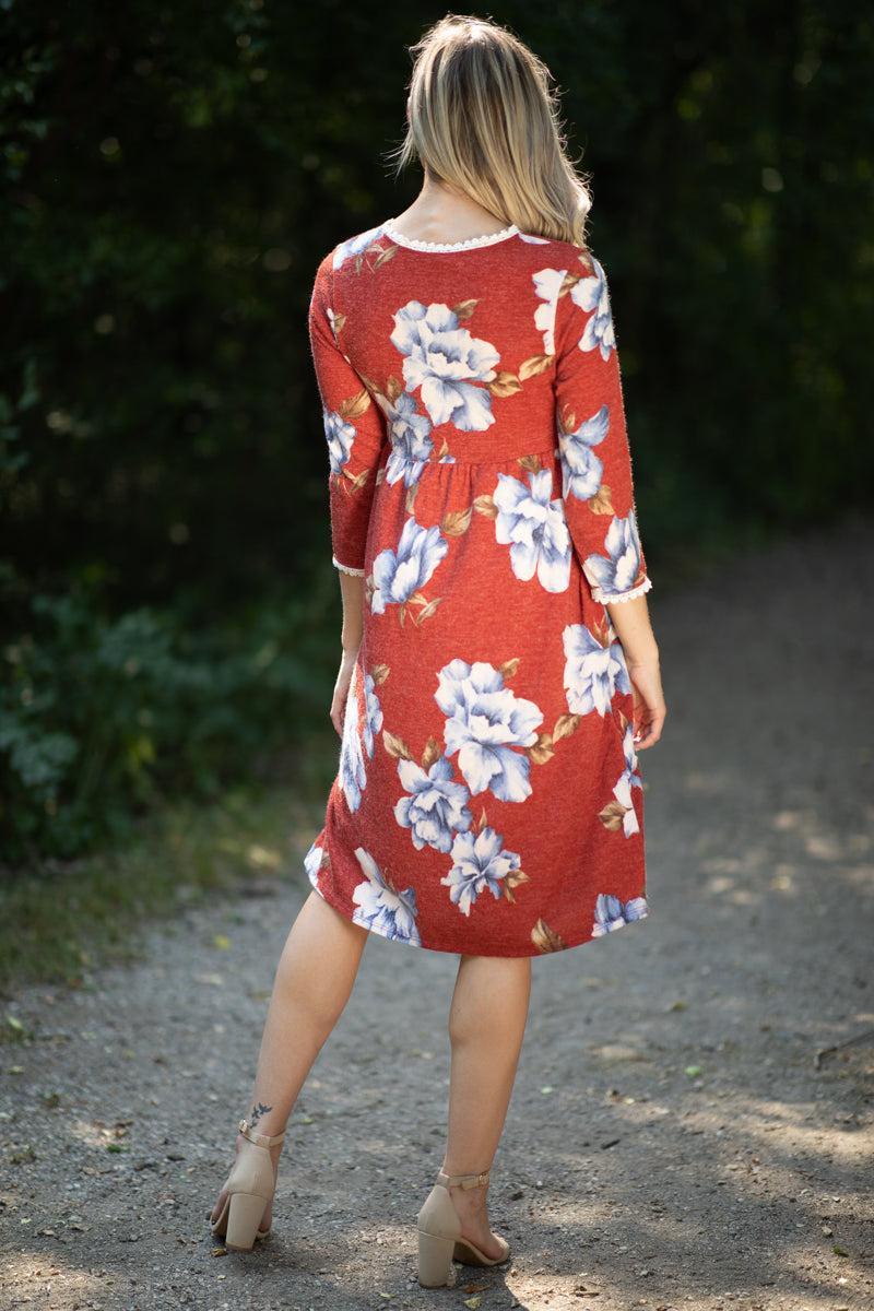 Cranberry and Blue Floral Surplice Front Dress Product Image