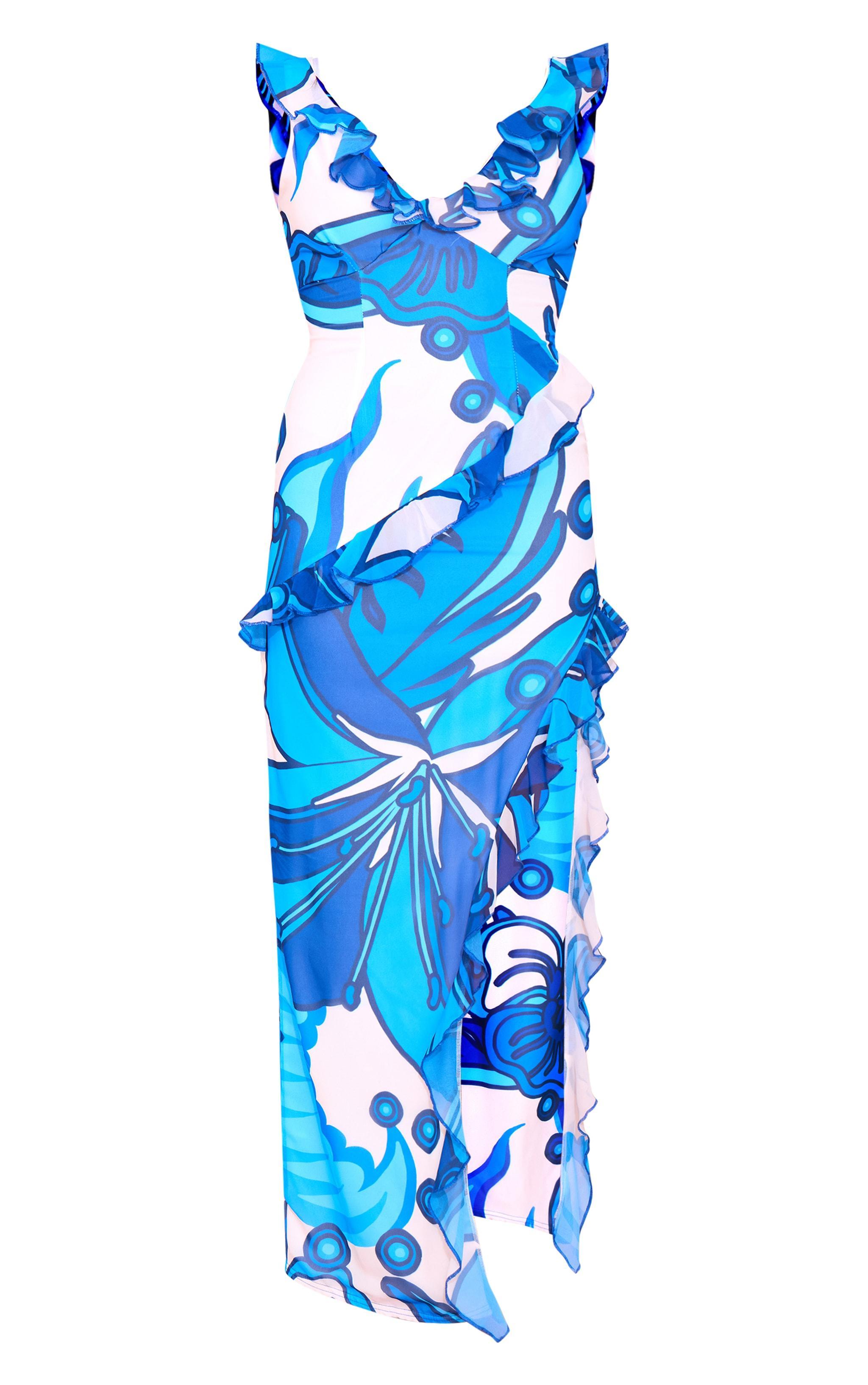 Bright Blue Floral Asymmetric Frill Split Maxi Dress Product Image