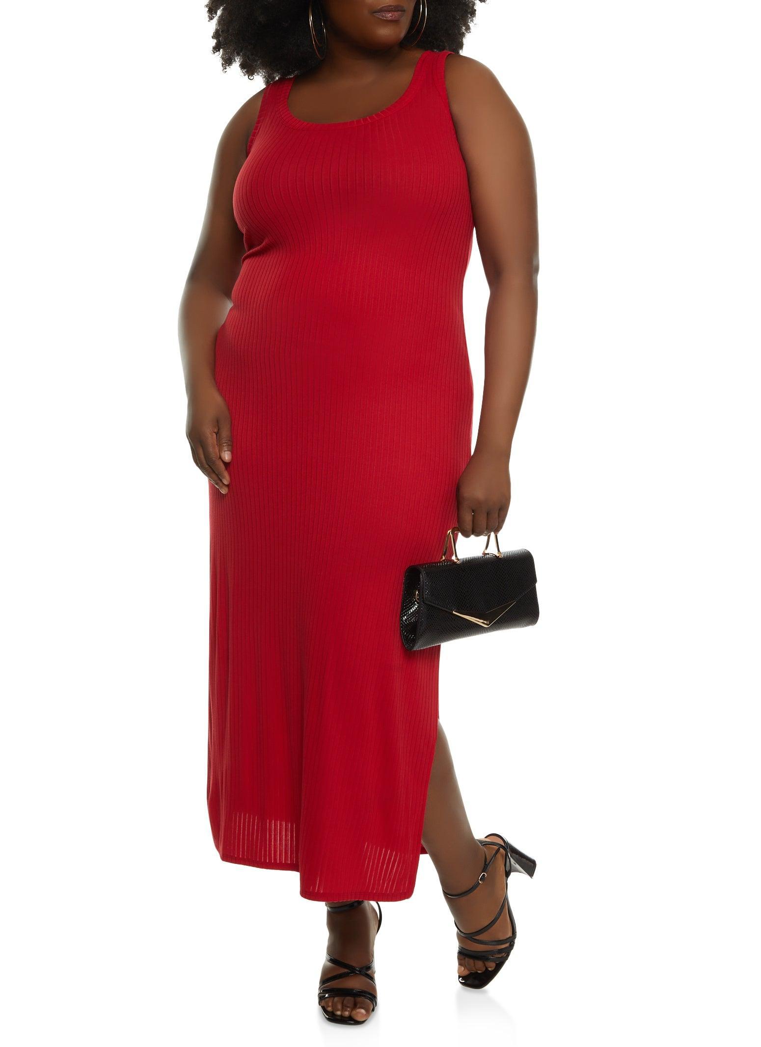 Womens Plus Size Ribbed Knit Side Slit Maxi Tank Dress Product Image