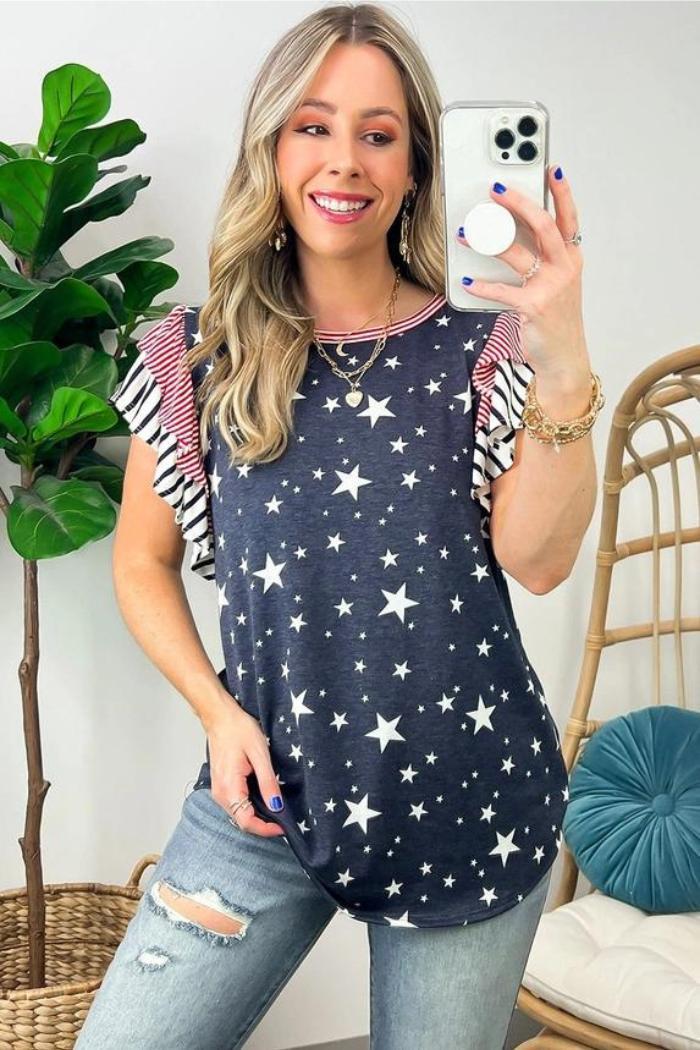 Striped Ruffled Sleeve Star Print T Shirt Product Image