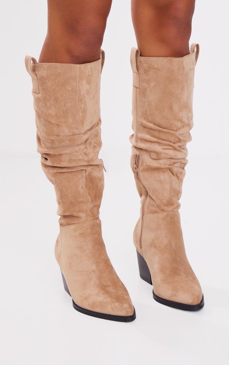 Beige Faux Suede Point Toe Ruched Western Knee Boots product image