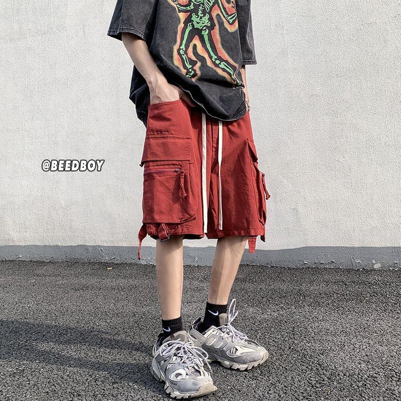 Drawstring Waist Plain Cargo Shorts Product Image