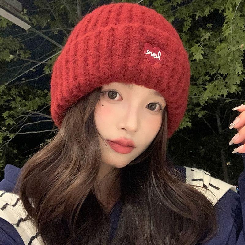 Heart Embroidered Ribbed Knit Beanie Product Image