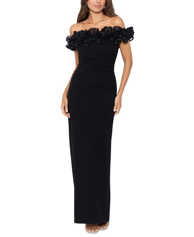 Xscape Womens Floral Ruffled Off-The-Shoulder Gown Product Image