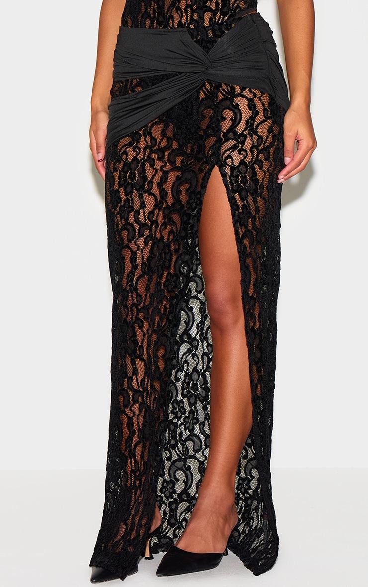 Black Velvet Lace Wrap Detail Maxi Skirt Product Image