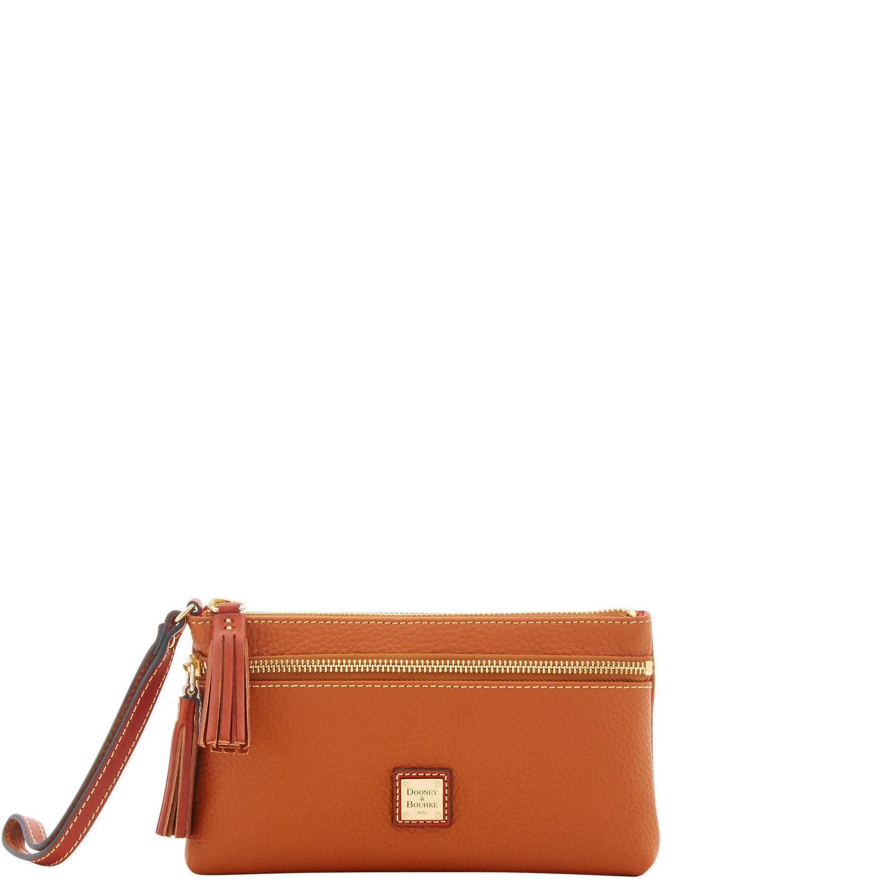 Dooney & Bourke Womens Pebble Grain Double Zip Leather Wristlet in Caramel Product Image