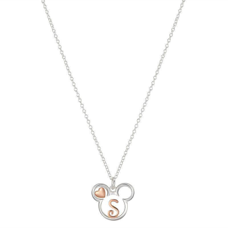 Disneys Mickey Mouse Two Tone 14k Rose Gold & Fine Silver Plated Mickey Letter Initial Heart Pendant Necklace, Womens Pink Product Image