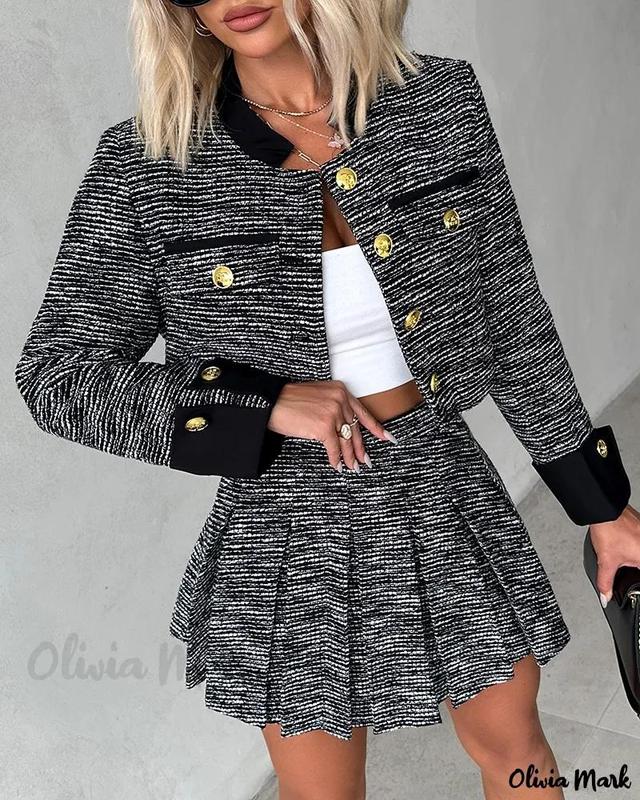 Olivia Mark – Elegant Buttoned Coat with Flap Detail and Matching Pleated Skirt Set Product Image