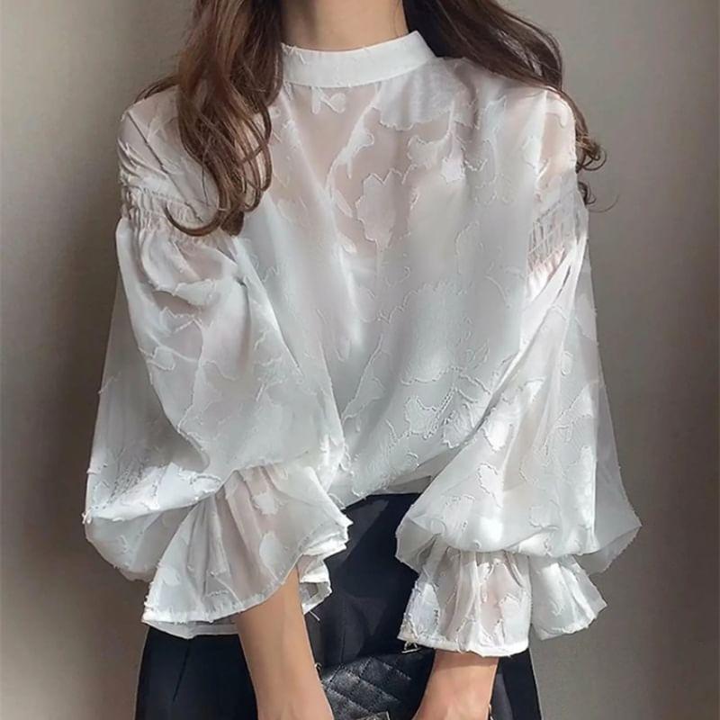 Balloon Sleeve Mock Neck Jacquard Blouse Product Image