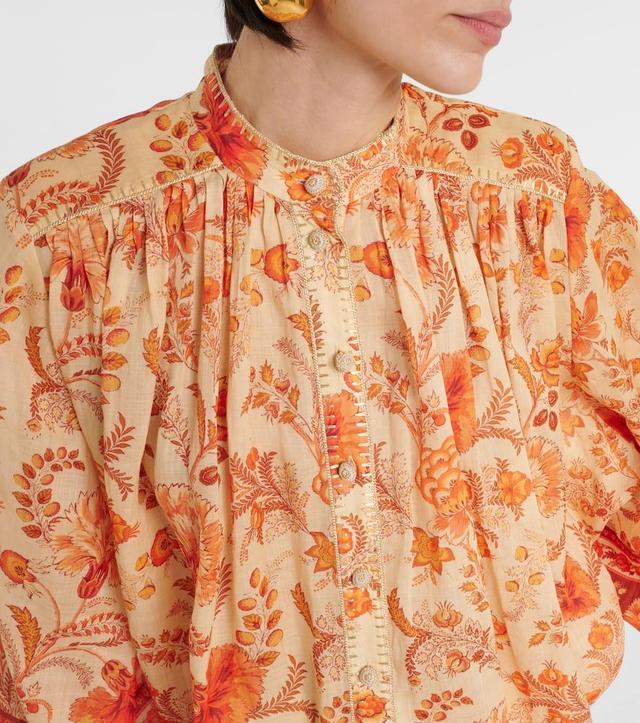 Junie Floral Puff-sleeve Ramie Blouse In Multicolor Product Image