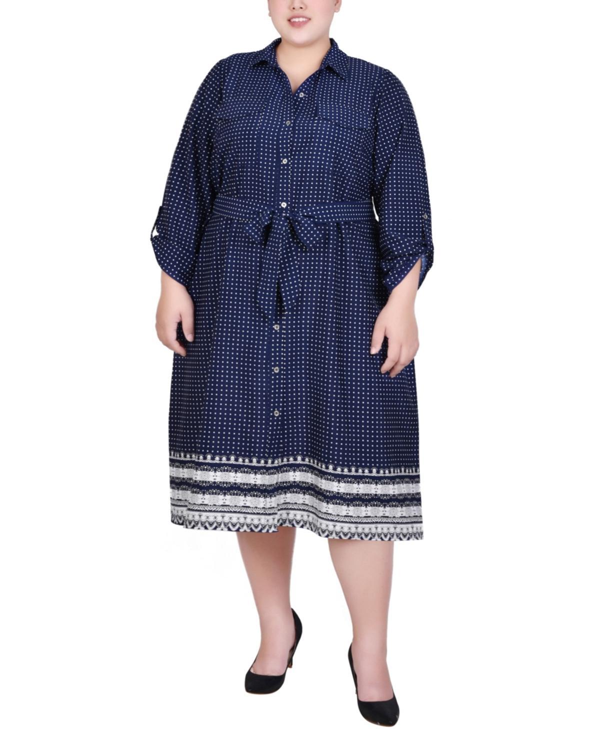 Ny Collection Plus Size 3/4 Roll Tab Sleeve Belted Shirtdress Product Image