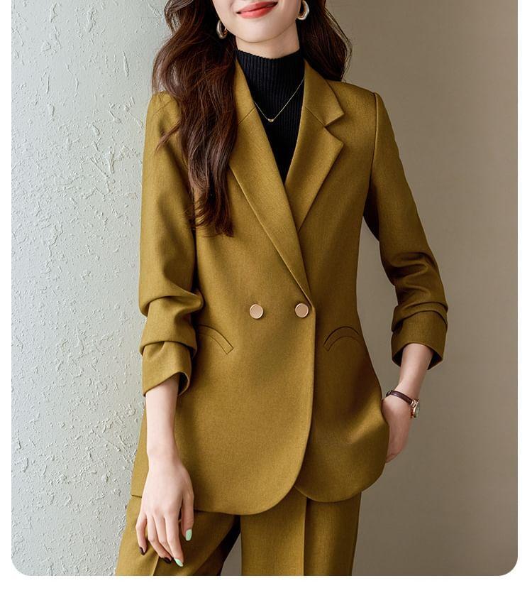 Lapel Collar Plain Double Breasted Blazer / Mid Waist Plain Wide Leg Slacks / Set Product Image