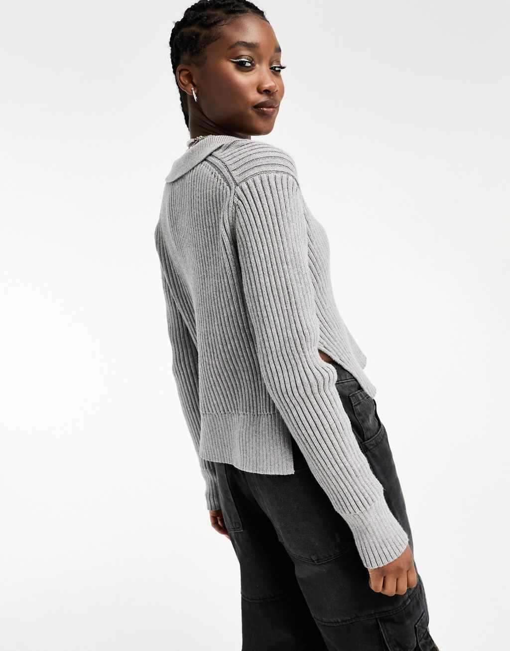 Weekday Halima open neck knit sweater in gray melange product image