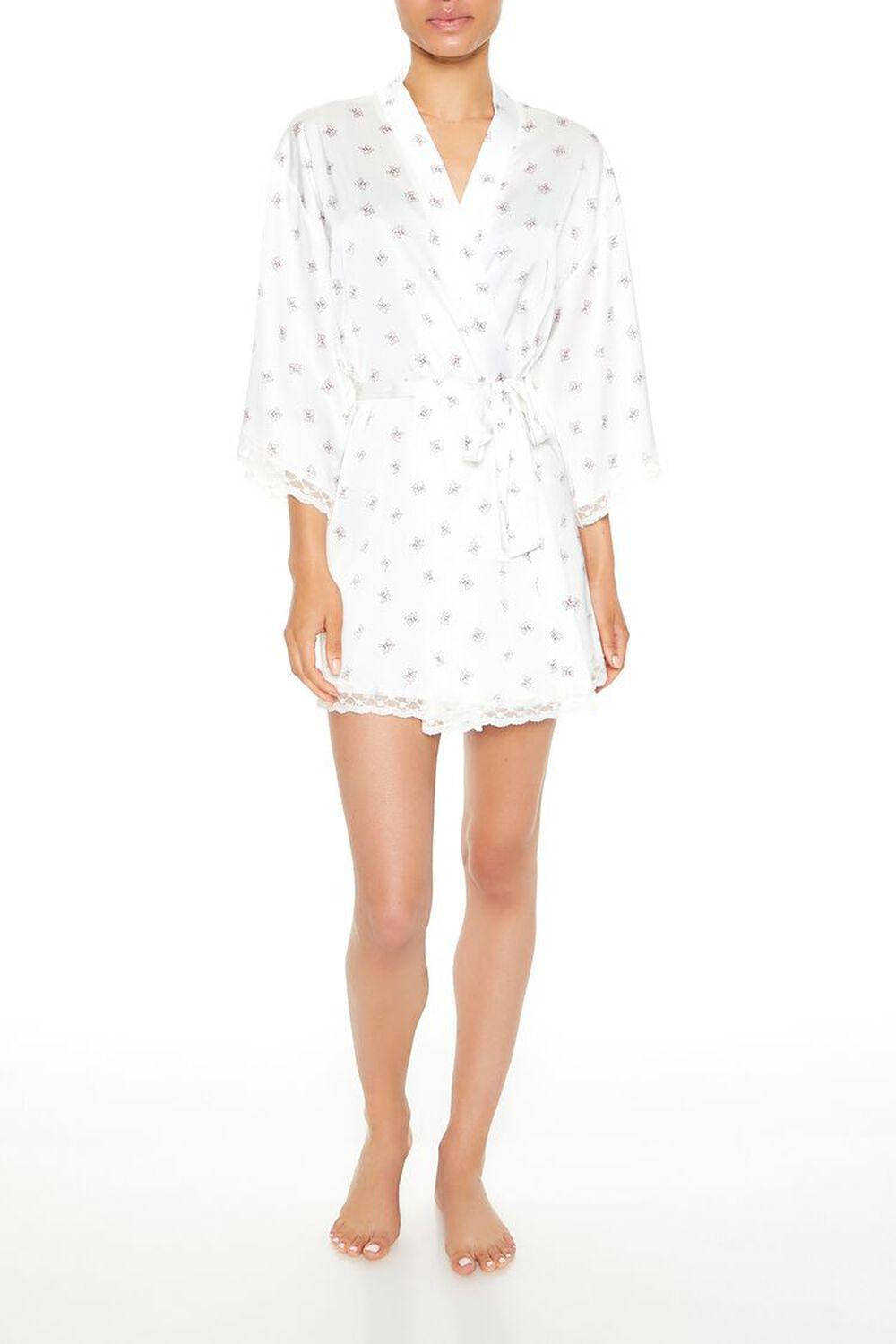 Lace-Trim Bow Print Satin Robe | Forever 21 Product Image