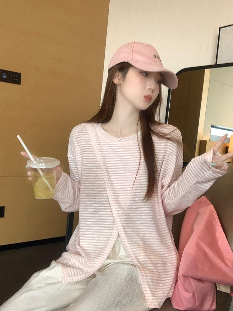 Long-Sleeve Round Neck Striped Slit T-Shirt Product Image