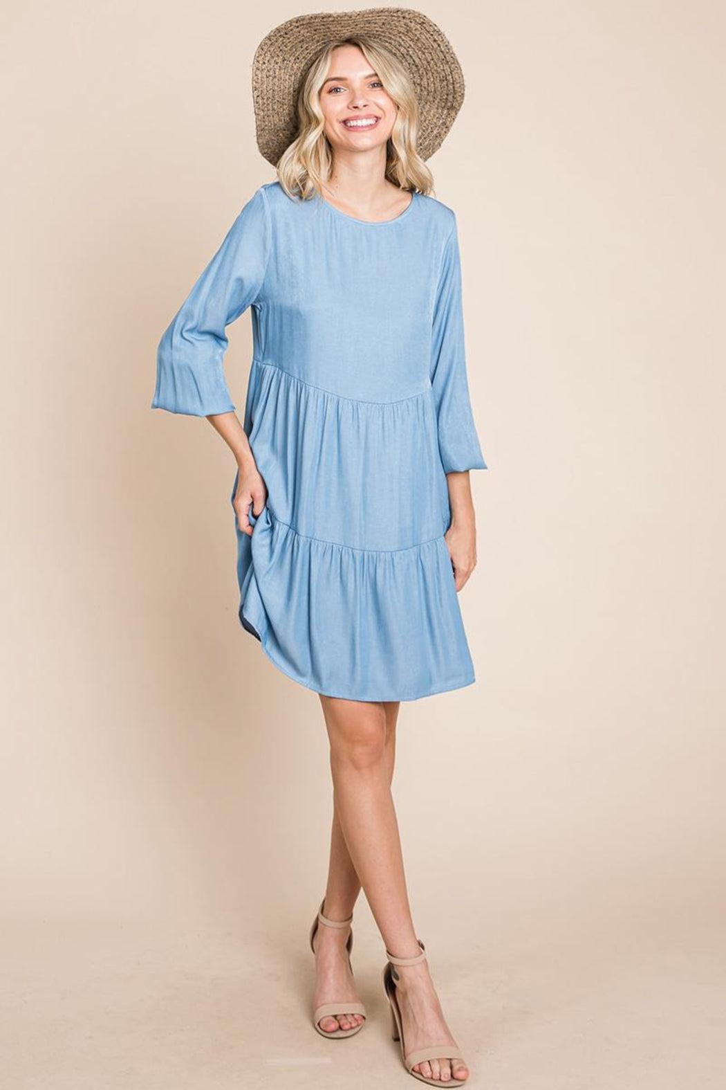 Chambray Pleated Tiered Long Sleeve Dress Product Image