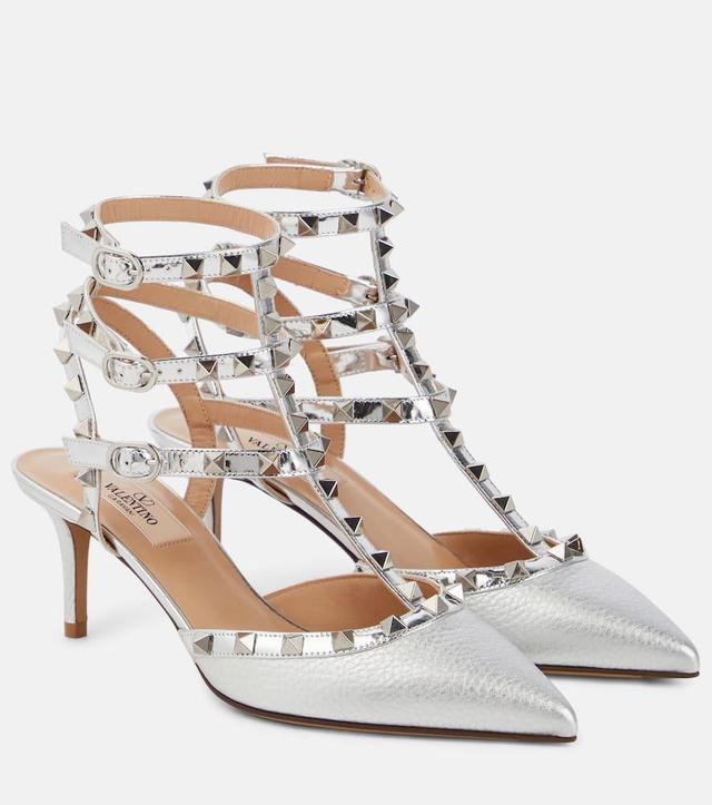 Rockstud Metallic Leather Slingback Pumps In Silver Product Image