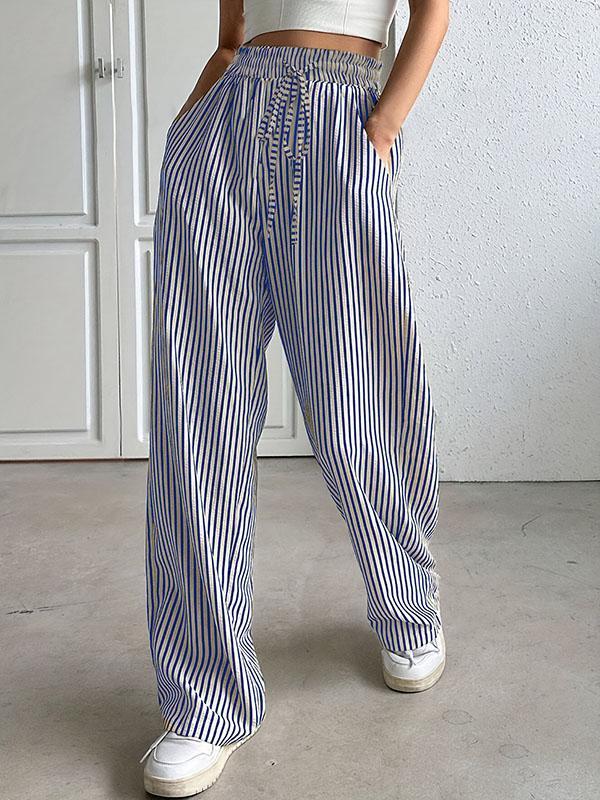 Loose Drawstring Elasticity Pockets Split-Joint Striped Pants Trousers product image