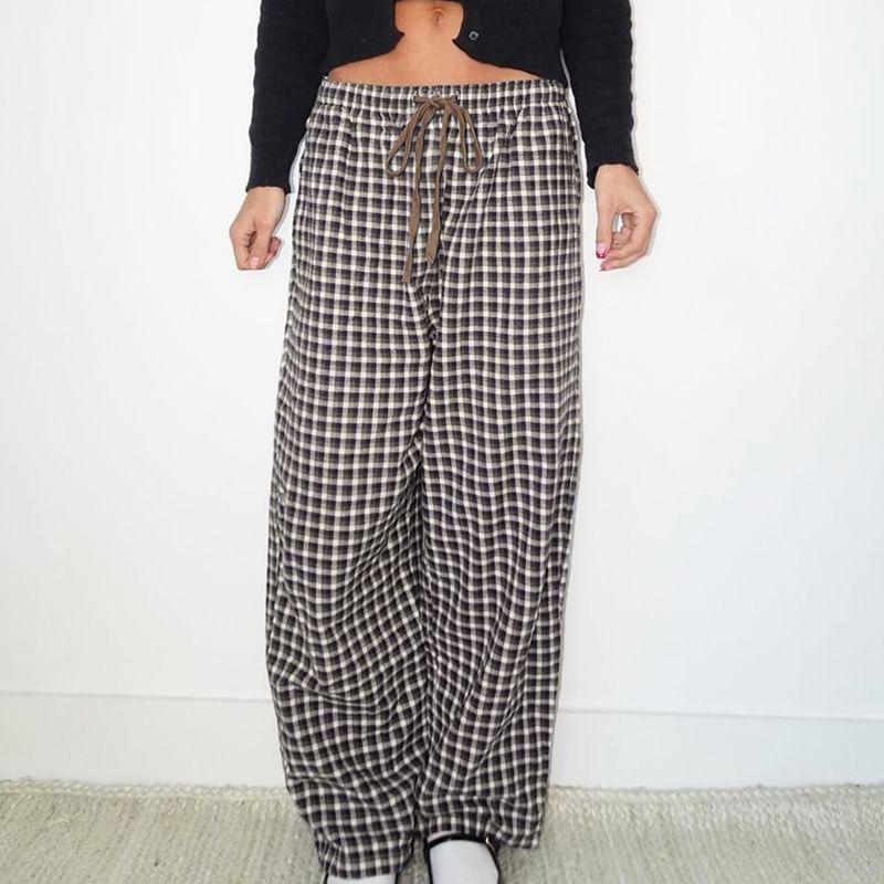 Drawstring Waist Plaid Wide Leg Pants product image