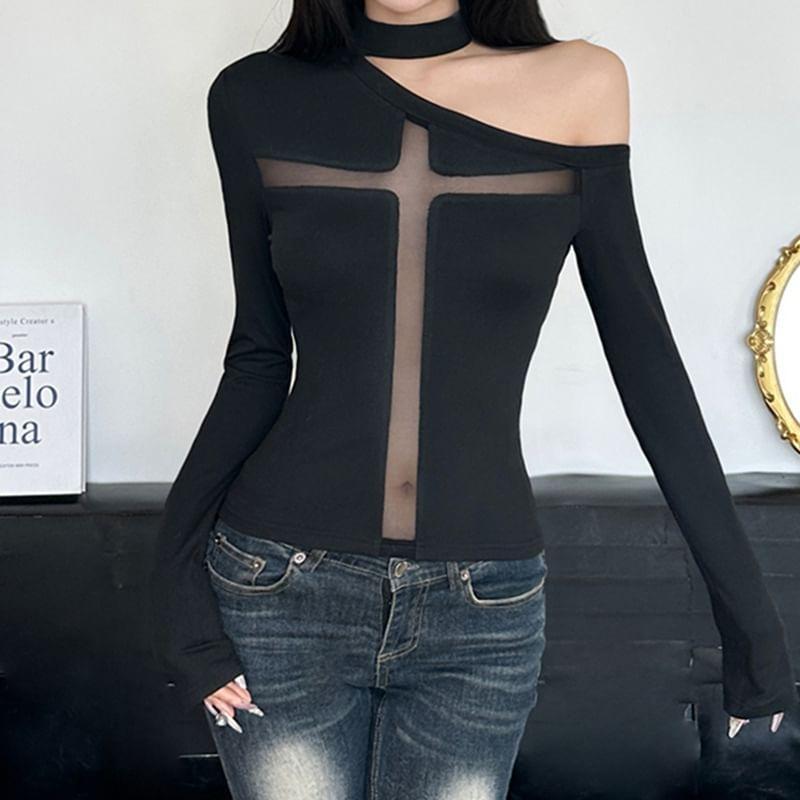 Long Sleeve Cold-Shoulder Mesh Panel Plain Slim-Fit Top Product Image