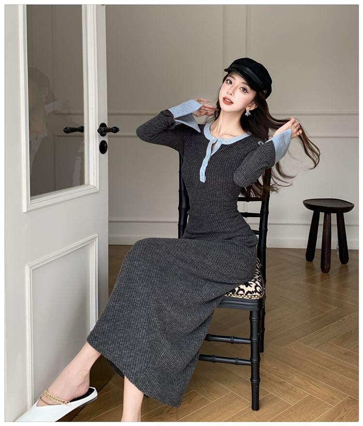 Long-Sleeve Crew Neck Contrast Trim Ruched Half-Buttoned Maxi Sheath Knit Dress Product Image