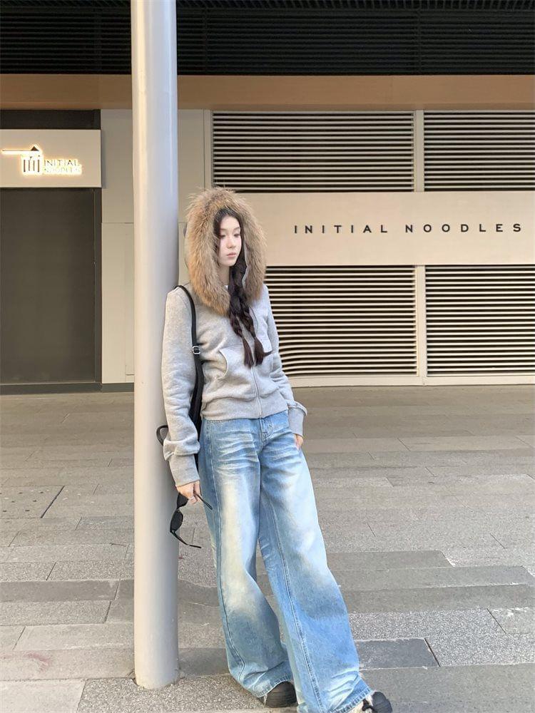 Fluffy Hooded Plain Zip Jacket / Mid Waist Washed  Wide Leg Jeans Product Image