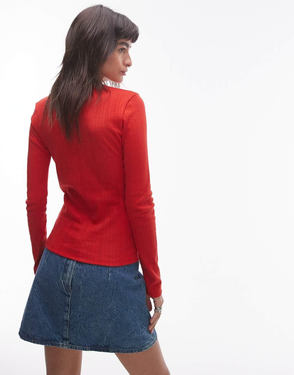 Topshop picot trim pointelle long sleeve top in red Product Image