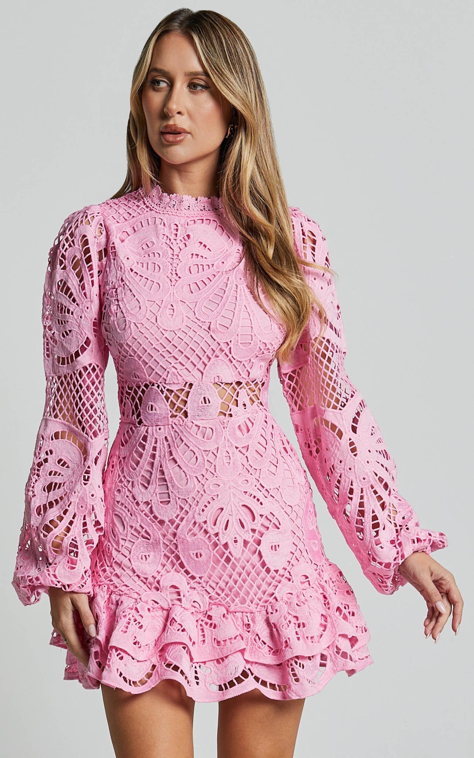 Kiss Me Now Mini Dress - Long Puff Sleeve Dress in Pink Product Image