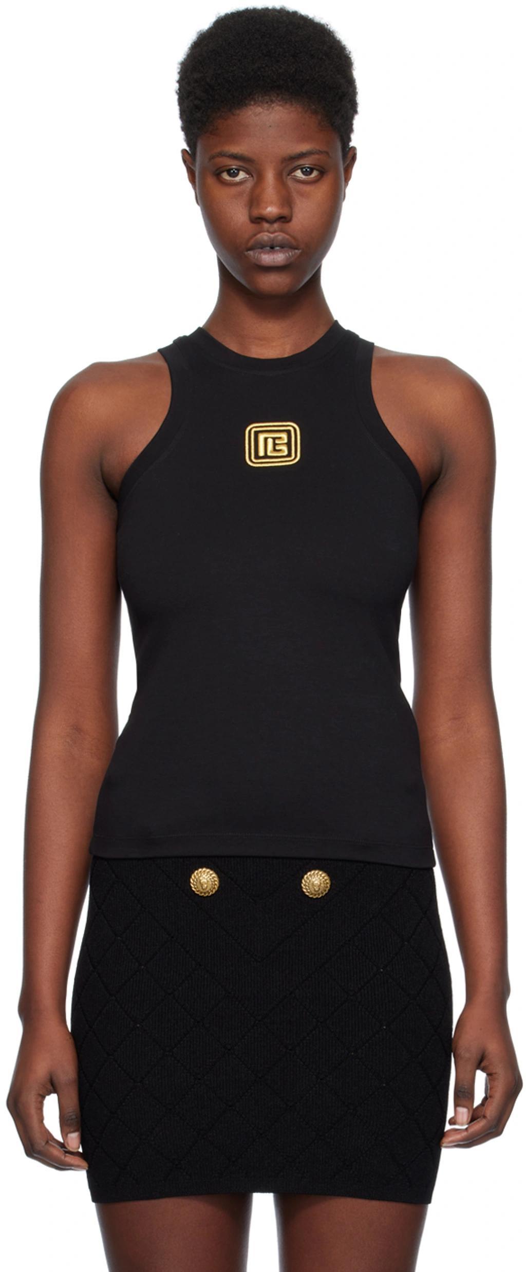 BALMAIN Pb Logo-embroidered Jersey Tank Top In Black Product Image