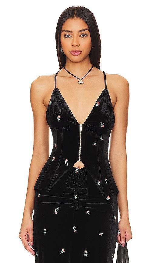 WeWoreWhat Embroidered Velvet Peplum Corset in Black. Product Image