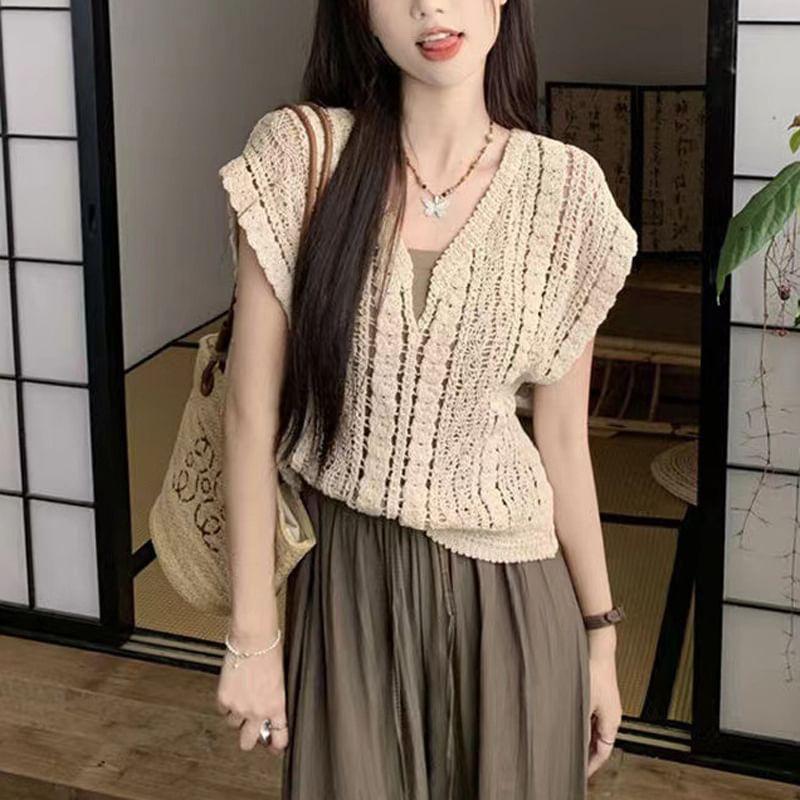 Sleeveless V-Neck Crochet Knit Top Product Image