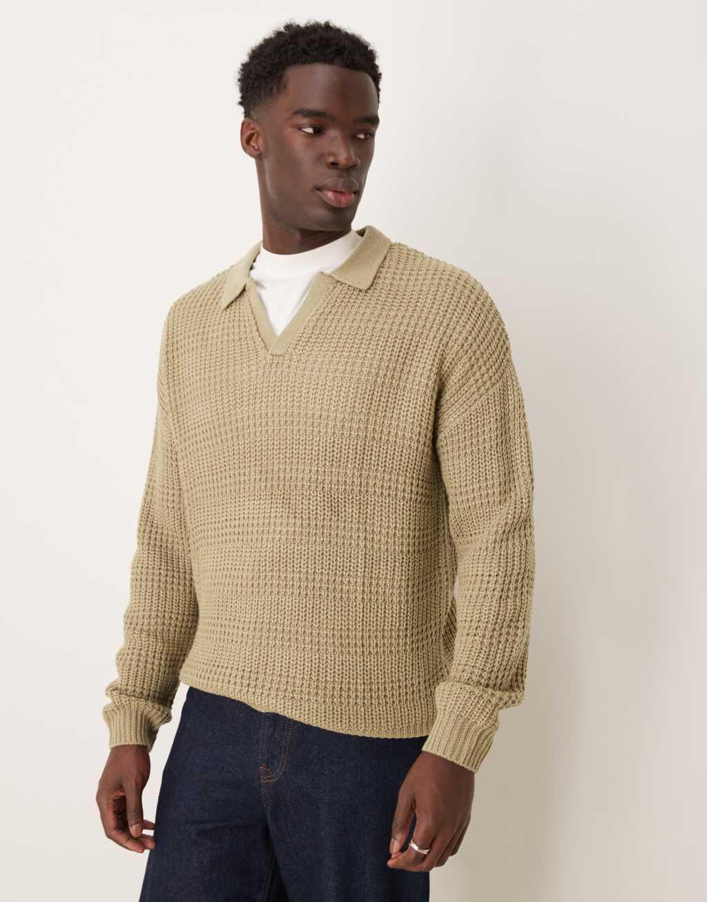 ASOS DESIGN relaxed textured notch neck polo sweater in sage green product image