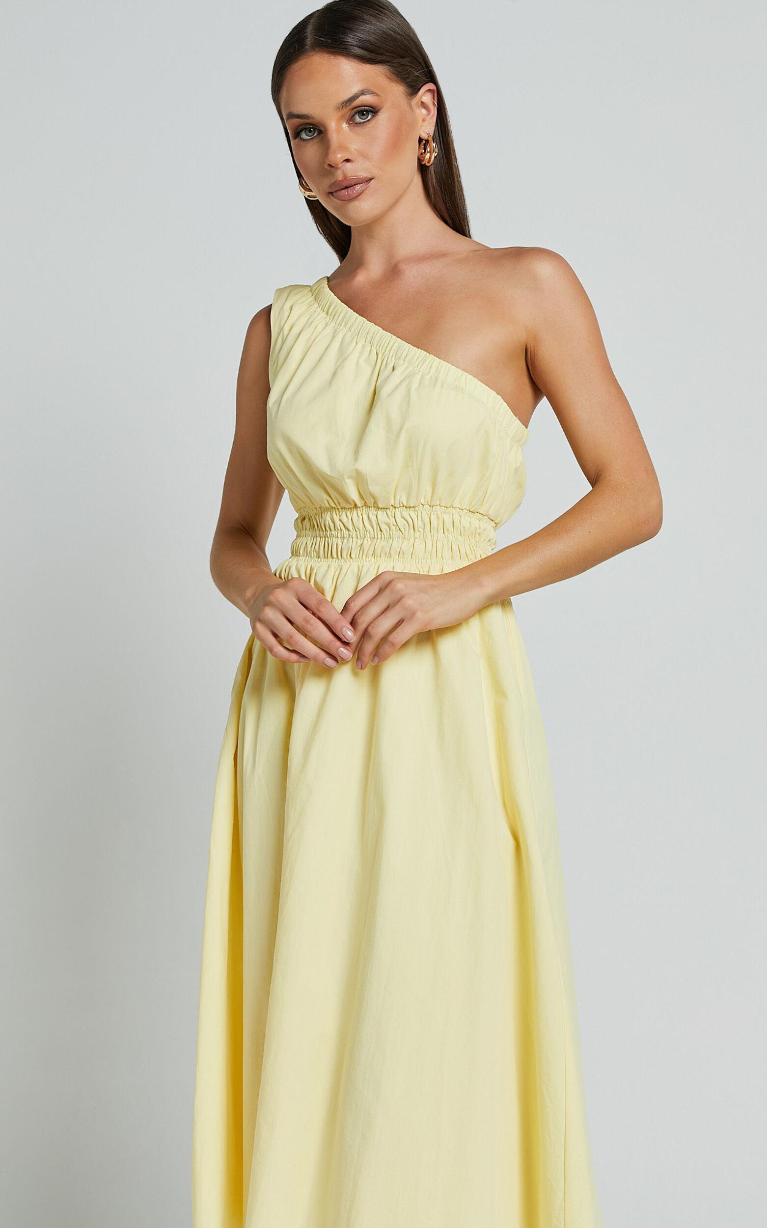 Yulia Midi Dress - One Shoulder Shirred Waist Dress in Lemon Product Image