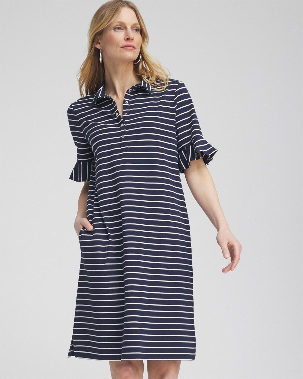 Women's Knit Stripe Ruffle Sleeve Polo Dress Product Image