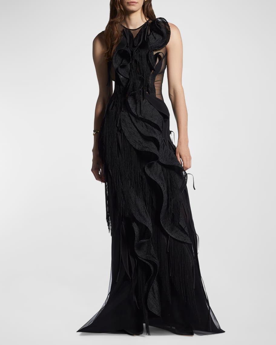 Hedone Sheer Fringe Ruffle Gown Product Image