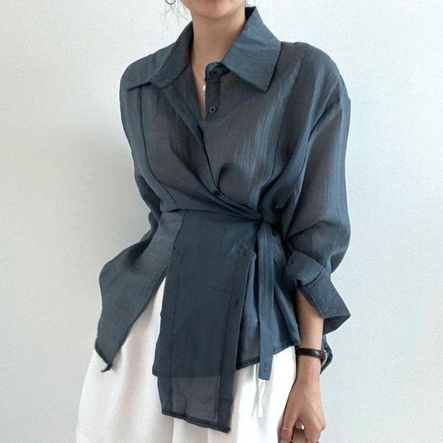 Asymmetrical Long-Sleeve Wrap Shirt Product Image