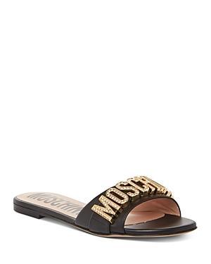 Womens Crystal Logo Leather Slide Sandals Product Image