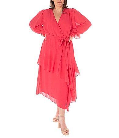 Maison Tara Plus Size Asymmetrical Tiered Ruffle Long Sleeve V-Neck Faux Wrap Midi Dress Product Image