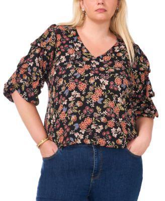 Vince Camuto Womens Plus Size Printed V-Neck Bubble Sleeve Top Product Image